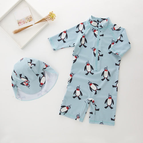 Boy One Cartoon Penguin Print Swimwear